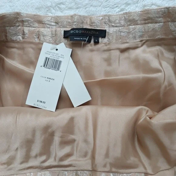 BCBGMAXAZRIA‎ Peach Pink Beige Jacquard Brocade Skirt Lined Metallic Floral Sz S - Picture 7 of 9